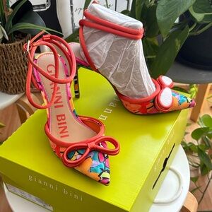 Gianni Bini Colorful Floral Heels with Red Accents